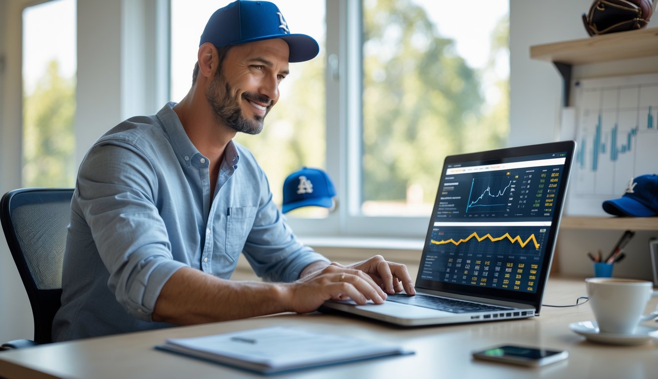 Seorang pria duduk di meja dengan laptop, melihat statistik dan peluang taruhan baseball secara serius di ruang kerja yang terang.