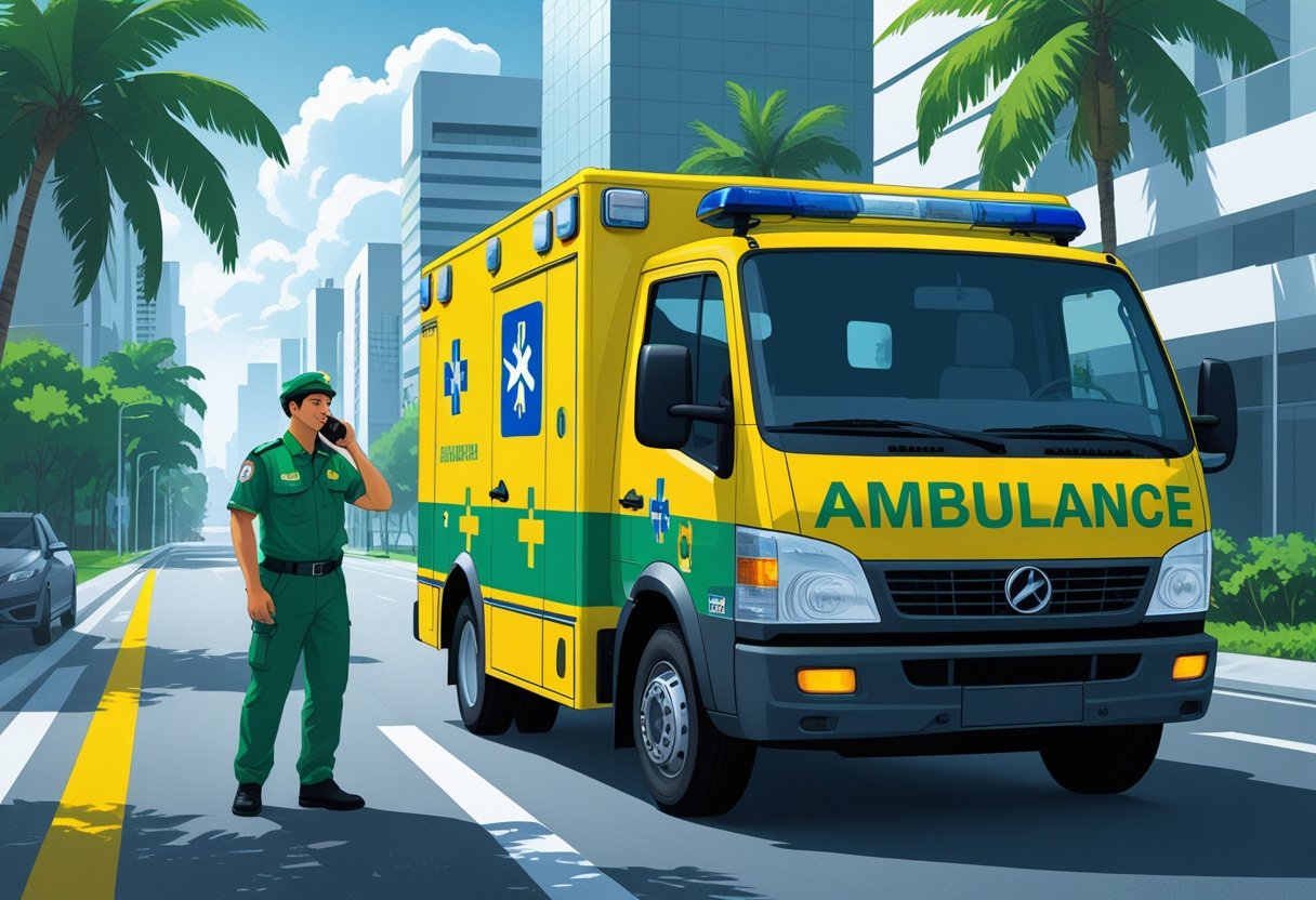 Ambulância brasileira estacionada em uma rua da cidade, com um paramédico usando rádio para comunicação.