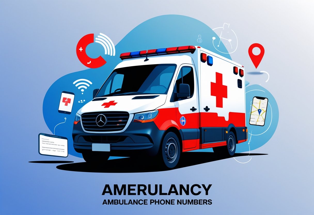 Ilustração de uma ambulância vermelha e branca com símbolos de comunicação de emergência ao redor.
