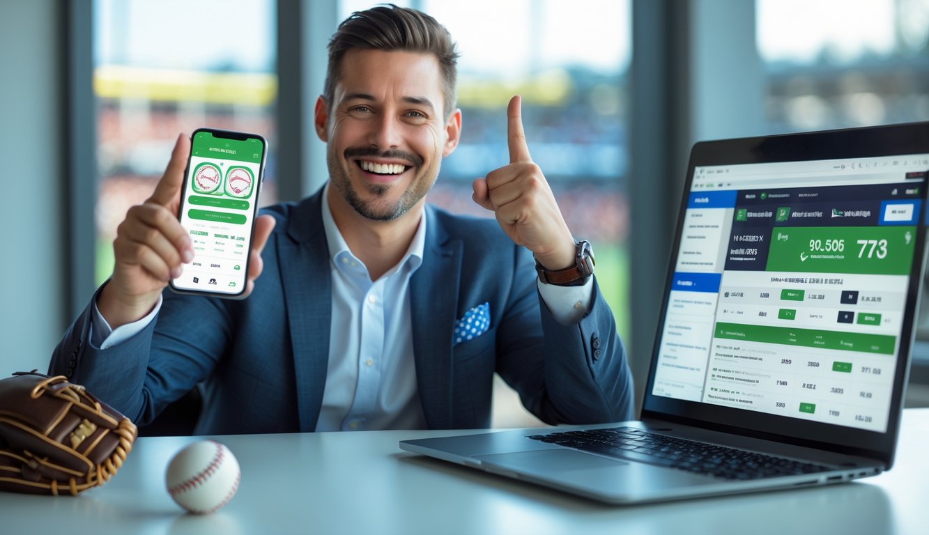 Seorang pria tersenyum memegang ponsel dengan aplikasi taruhan bisbol di layar, duduk di meja dengan laptop dan perlengkapan bisbol di latar belakang.