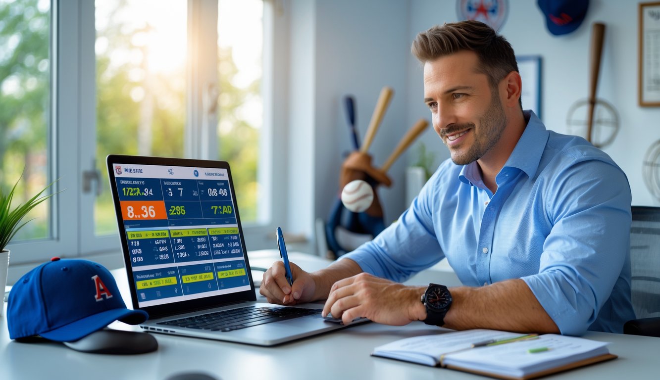 Seorang pria duduk di meja dengan laptop dan perlengkapan baseball di latar belakang, tampak sedang menganalisis data taruhan baseball.
