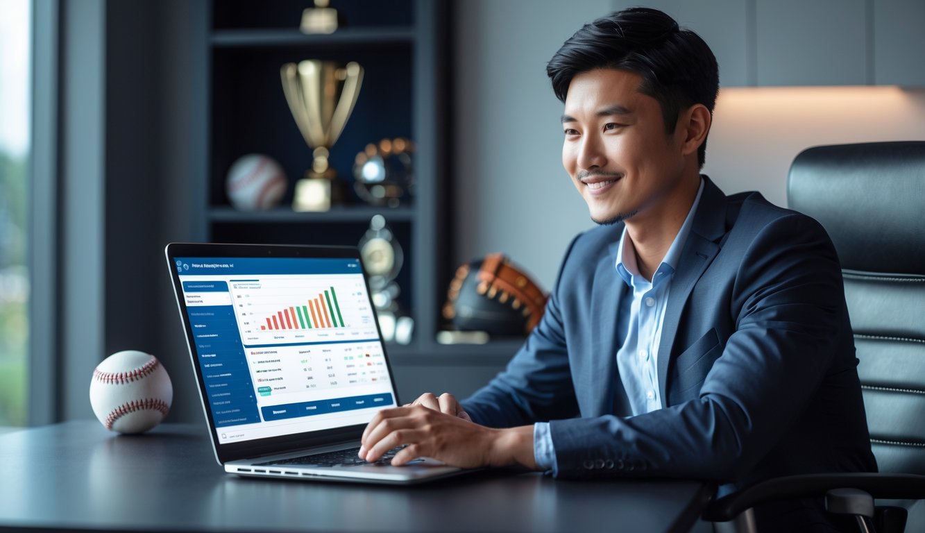 Seorang pria muda duduk di meja dengan laptop yang menampilkan situs taruhan baseball, dikelilingi perlengkapan baseball di ruang kantor modern.