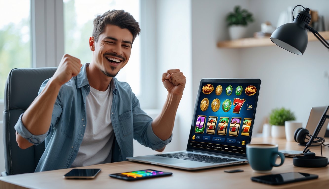 Seorang pria muda tersenyum dan mengangkat kepalan tangan sambil duduk di depan laptop dengan layar permainan slot berwarna-warni di ruang kerja yang terang dan rapi.