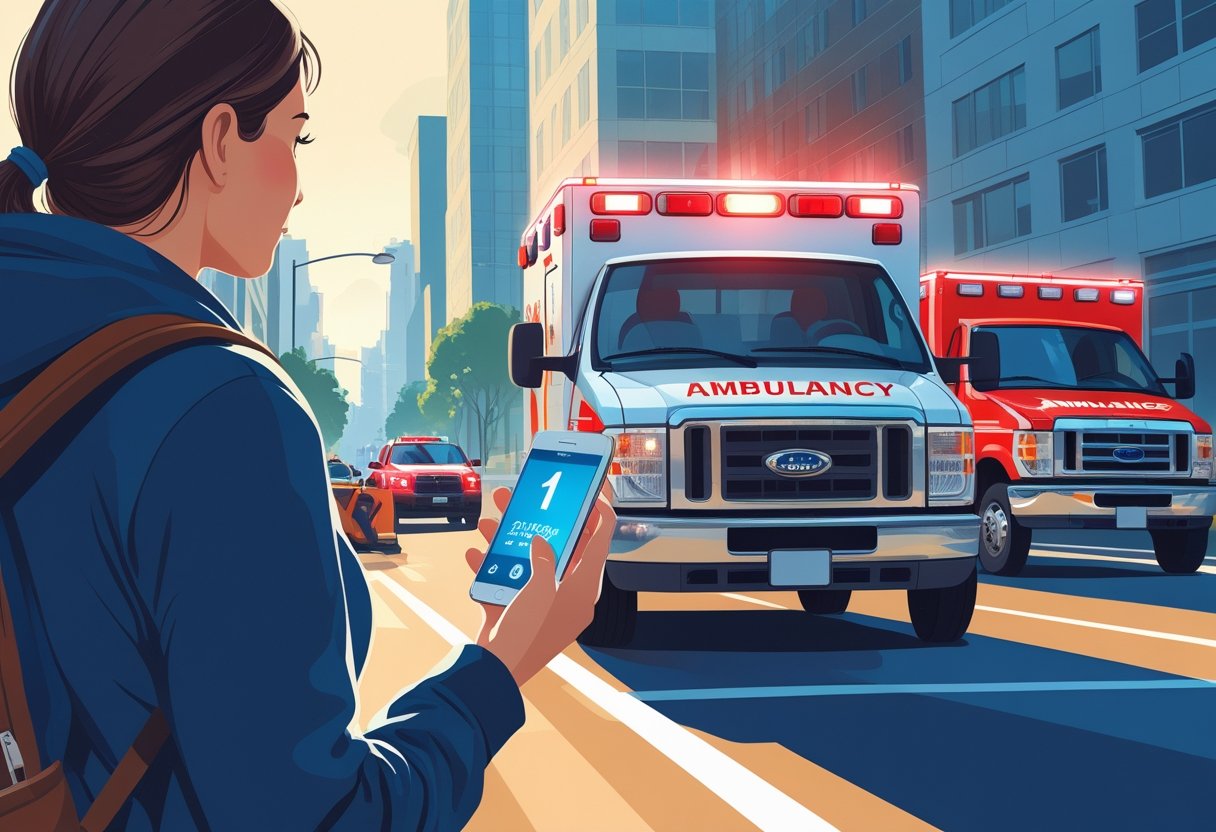 Pessoa ligando para a ambulância em um telefone, com uma ambulância se aproximando em uma rua da cidade.
