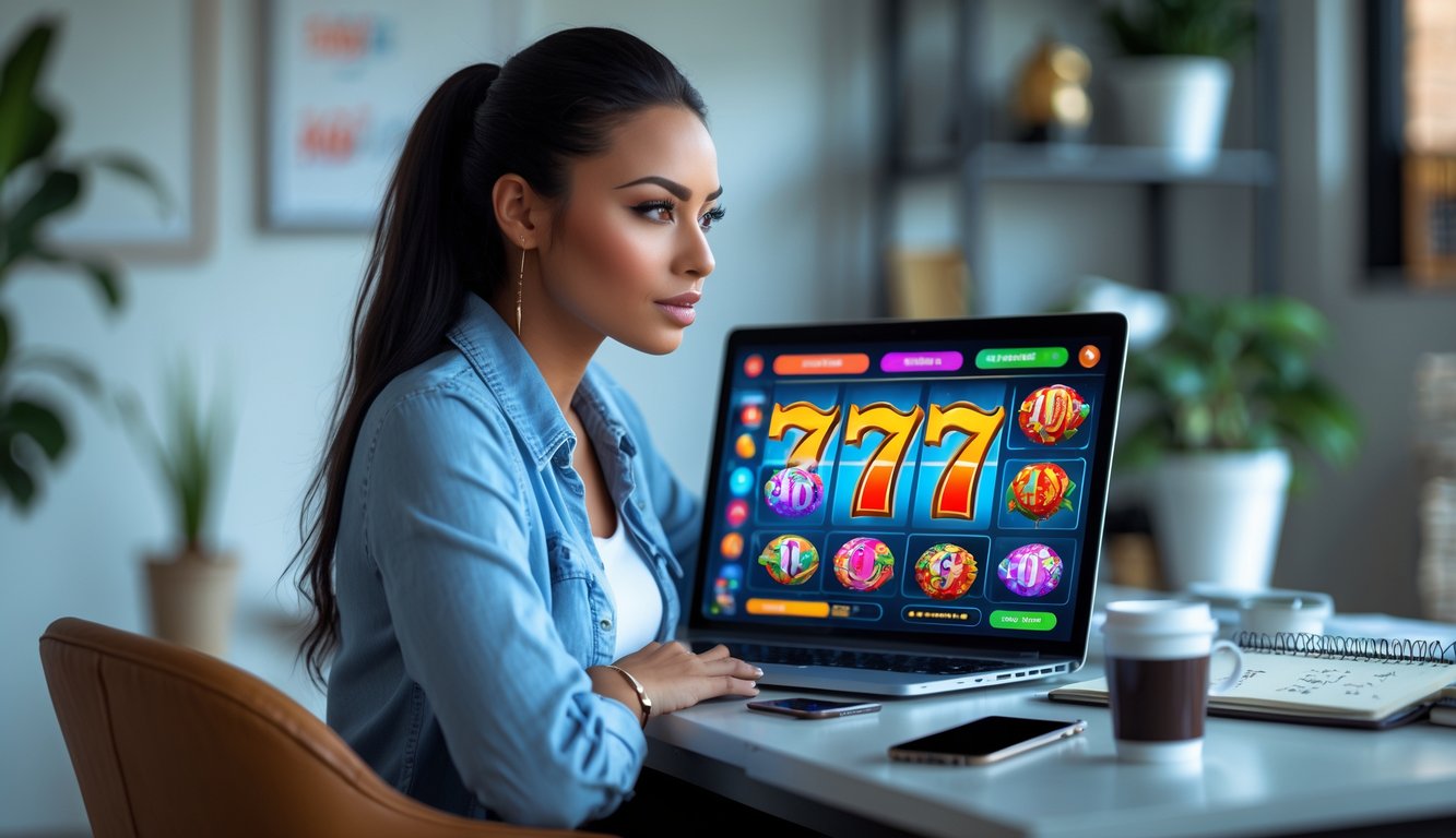 Seorang wanita muda duduk di meja dengan laptop yang menampilkan permainan slot online, tampak fokus dan percaya diri.