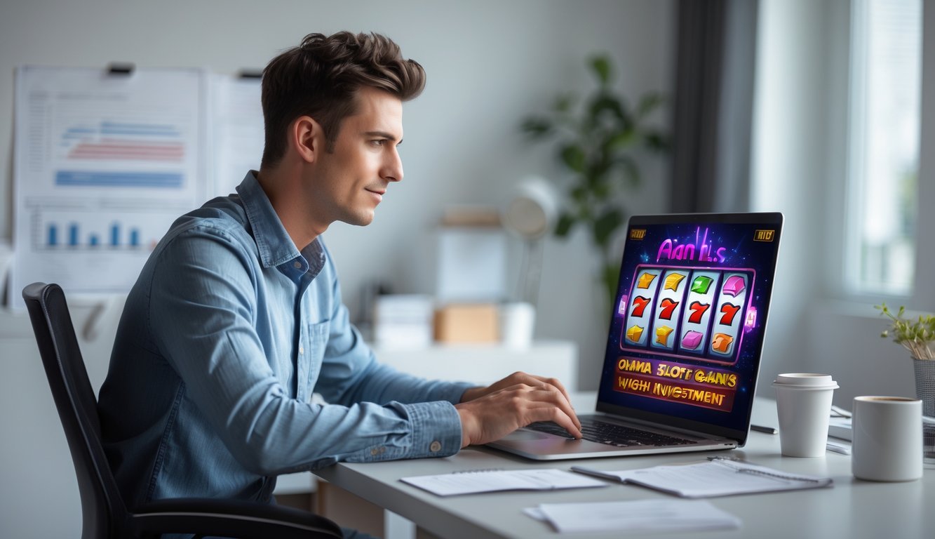 Seorang pria muda duduk di meja dengan laptop yang menampilkan permainan slot online, dikelilingi oleh catatan dan grafik strategi.