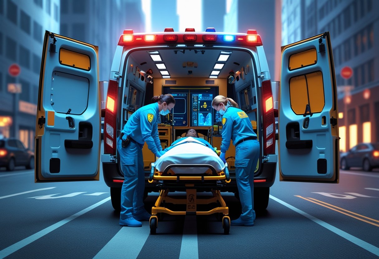 Ambulância com paramédicos atendendo um paciente em uma rua da cidade durante uma emergência médica.