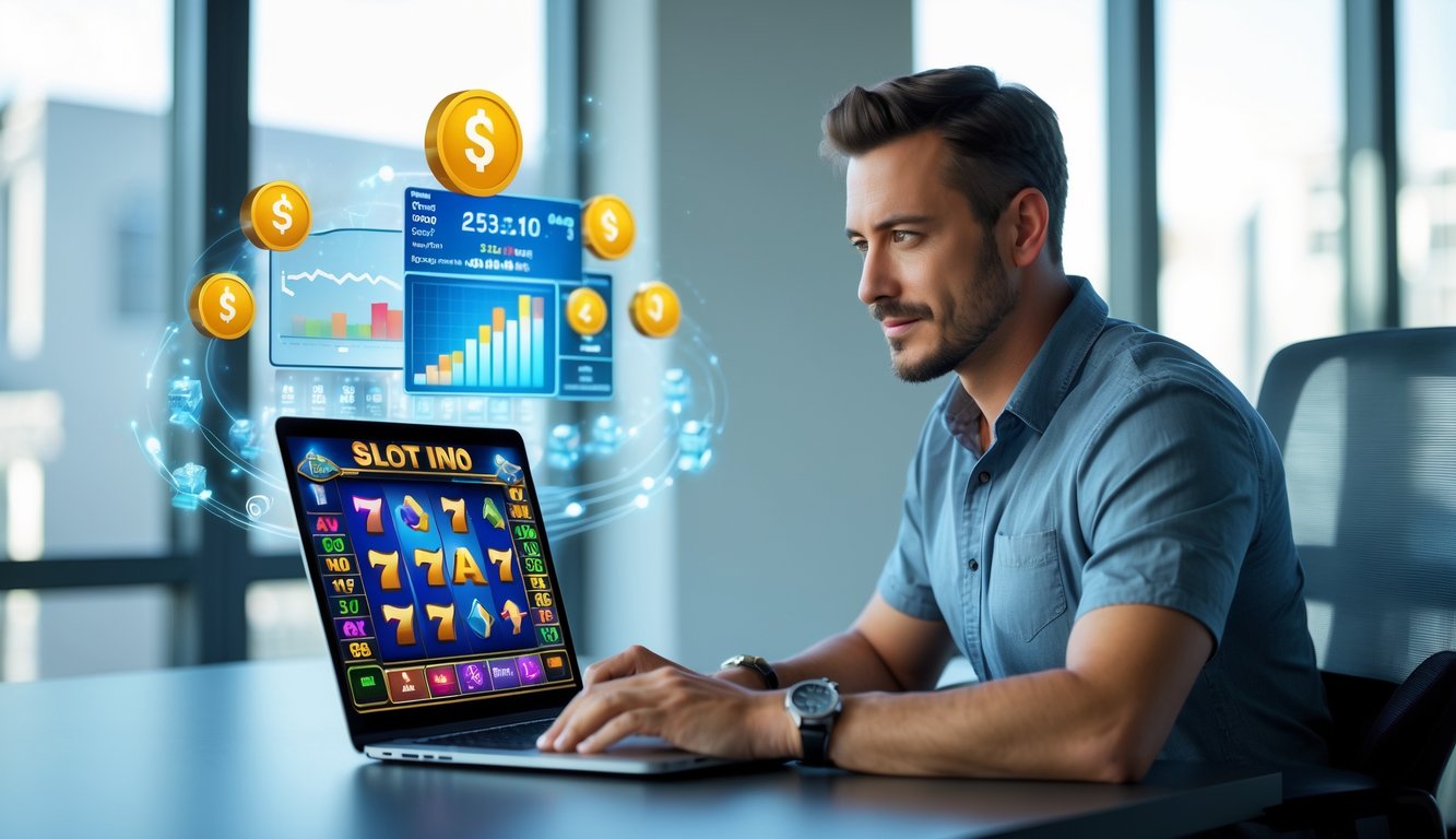 Seorang pria duduk di depan laptop dengan layar permainan slot online, terlihat fokus dan serius di sebuah ruangan kantor modern.