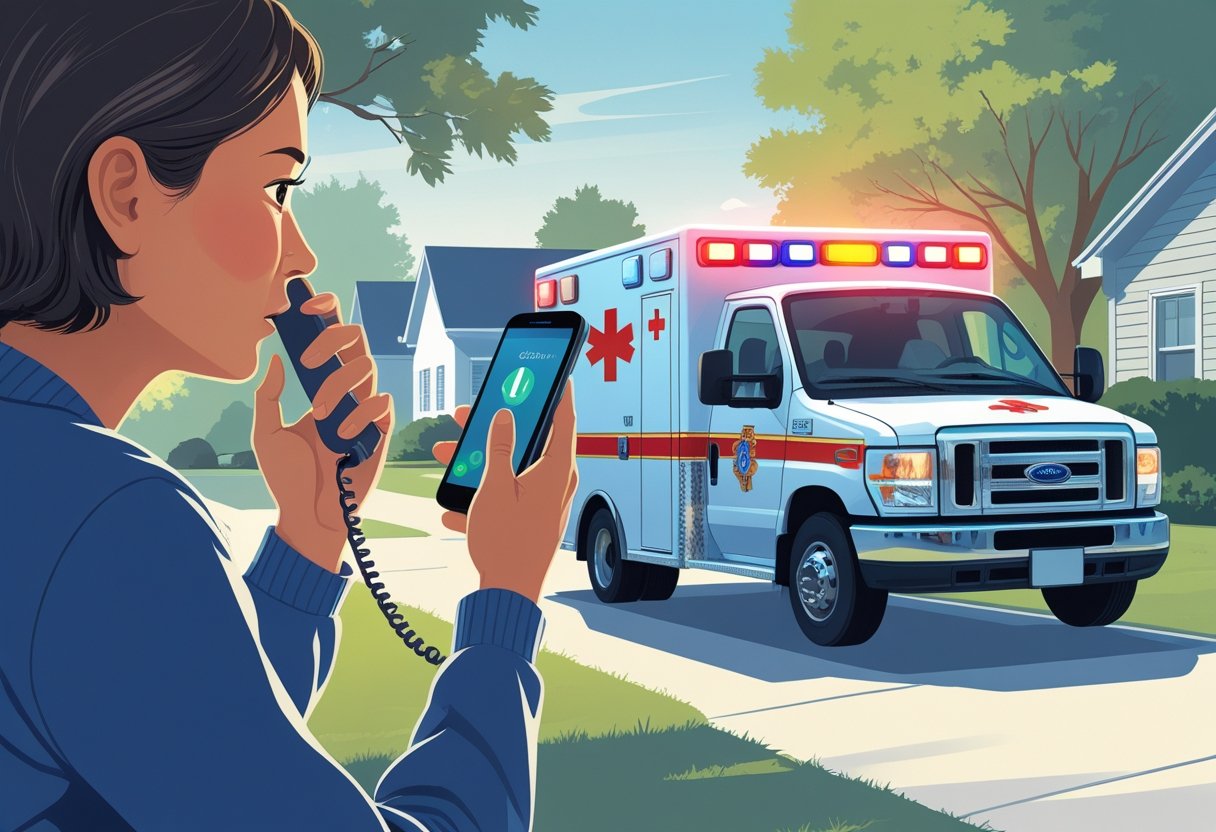 Pessoa fazendo uma ligação para uma ambulância de emergência, com uma ambulância com luzes piscando se aproximando ao fundo.