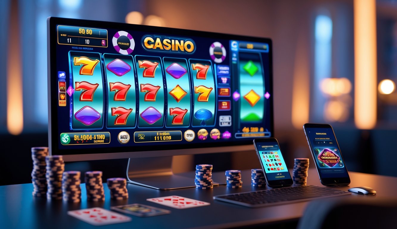 Meja kerja modern dengan komputer yang menampilkan permainan slot online dan beberapa perlengkapan judi seperti chip poker dan kartu bermain.