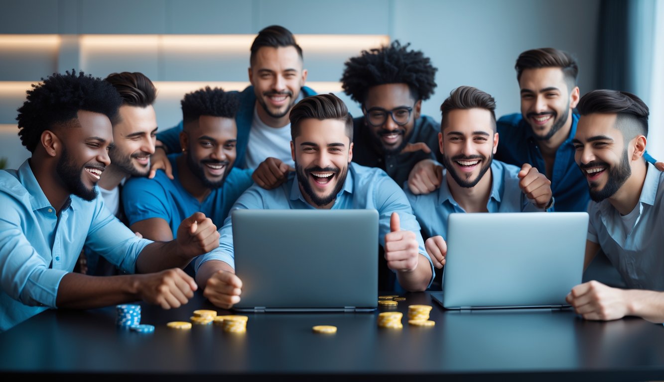 Sekelompok pria merayakan kemenangan saat bermain permainan slot online di laptop dan ponsel di sebuah ruangan modern.