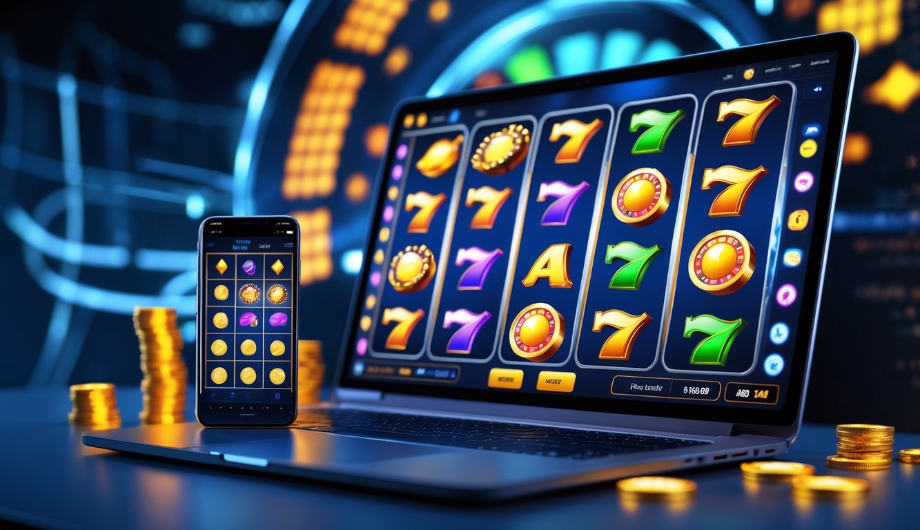 Seseorang menggunakan komputer dan ponsel untuk bermain permainan slot online dengan tampilan grafis berwarna-warni di layar.