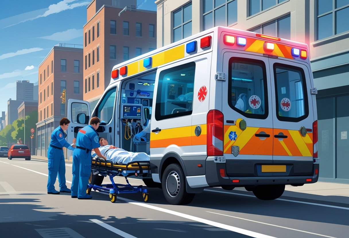 Uma ambulância de suporte avançado estacionada na rua com paramédicos atendendo um paciente em uma maca.