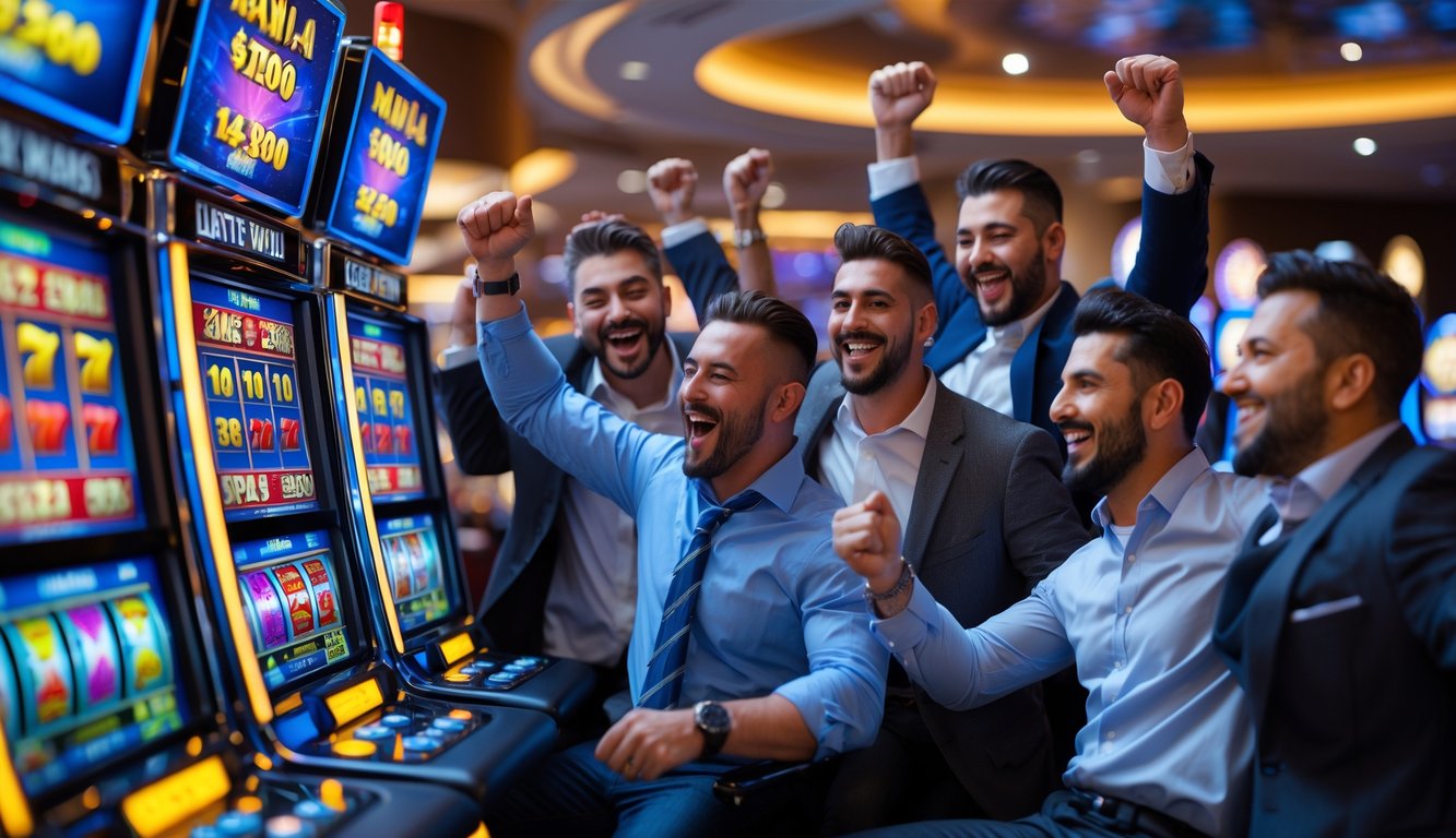 Sekelompok pria sedang merayakan kemenangan besar di kasino dengan mesin slot yang menyala dan suasana yang ceria.