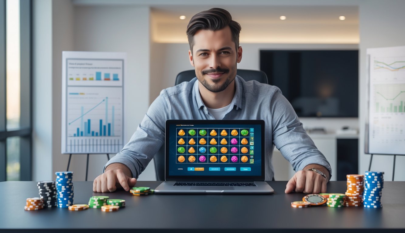 Seorang pria duduk di depan laptop dengan permainan slot online di layar, di meja terdapat koin dan chip poker, suasana ruangan modern dan terang.