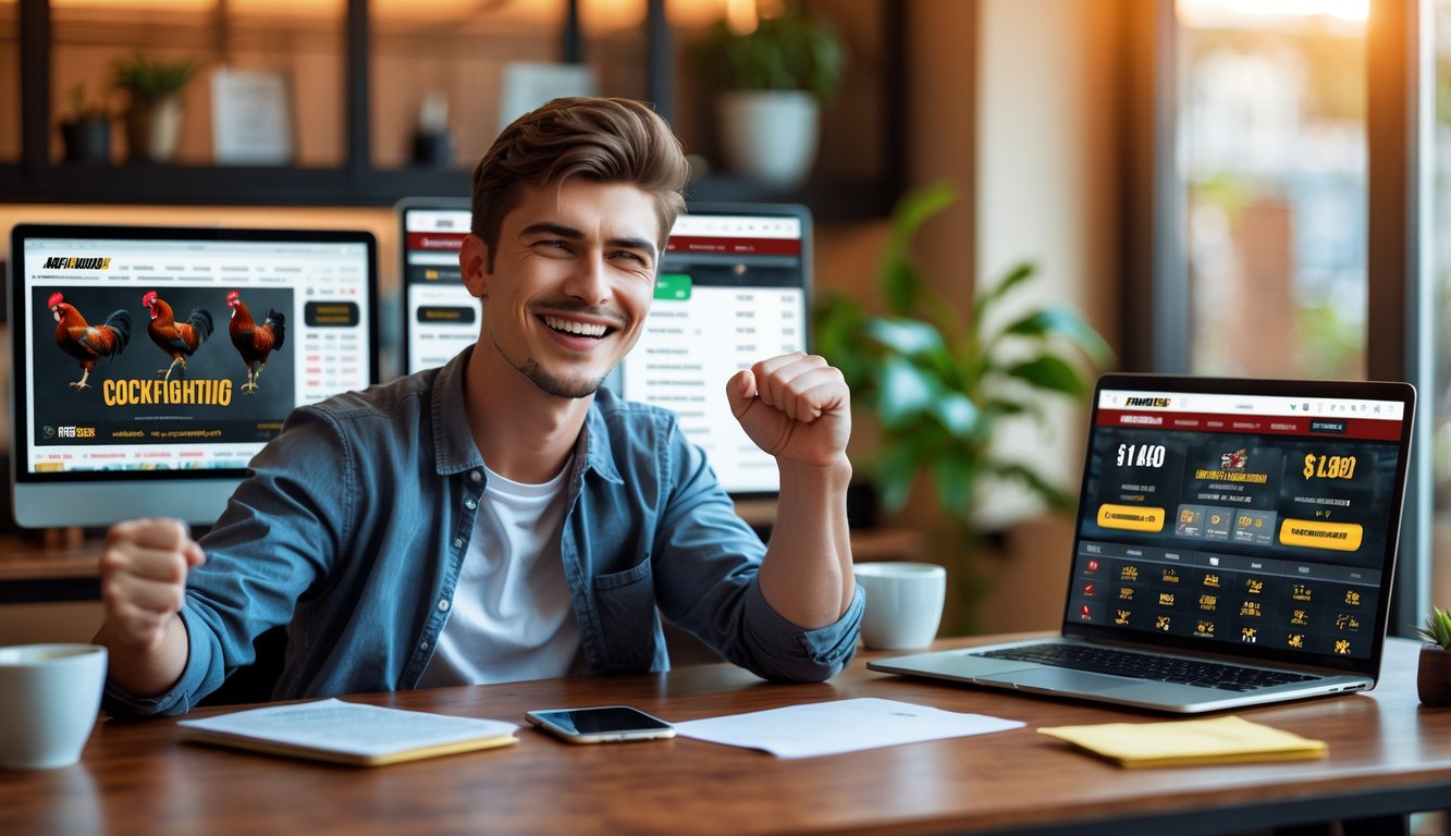 Seorang pria muda tersenyum dan mengangkat tinju sambil duduk di depan laptop dan ponsel yang menampilkan situs sabung ayam, menunjukkan kemenangan dalam judi online.