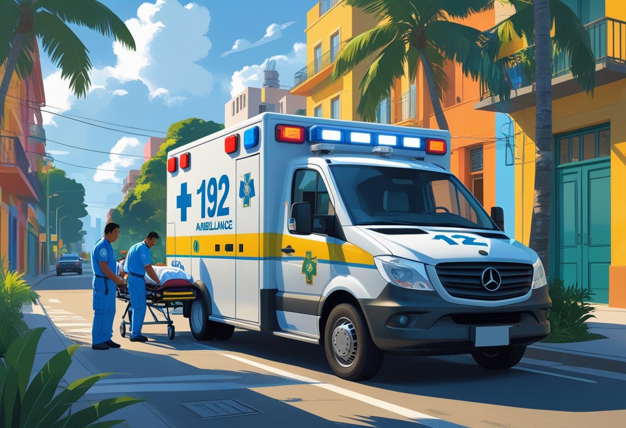 Uma ambulância brasileira com o número 192 estacionada em uma rua da cidade, com paramédicos atendendo um paciente em uma maca.