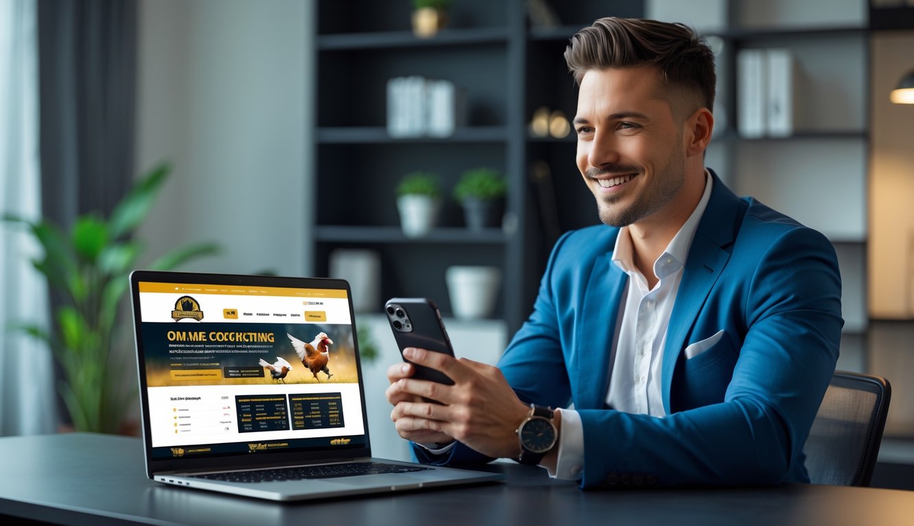 Seorang pria duduk di meja dengan laptop dan ponsel, terlihat percaya diri dan fokus dalam suasana kantor rumah yang rapi.