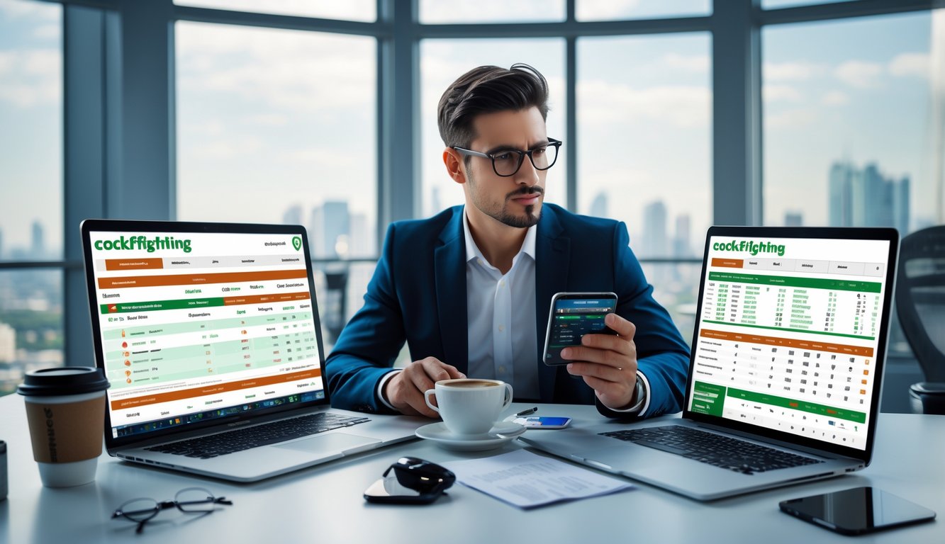 Seorang pria duduk di meja kantor modern dengan beberapa perangkat digital yang menampilkan situs taruhan sabung ayam, sedang fokus menganalisis data.