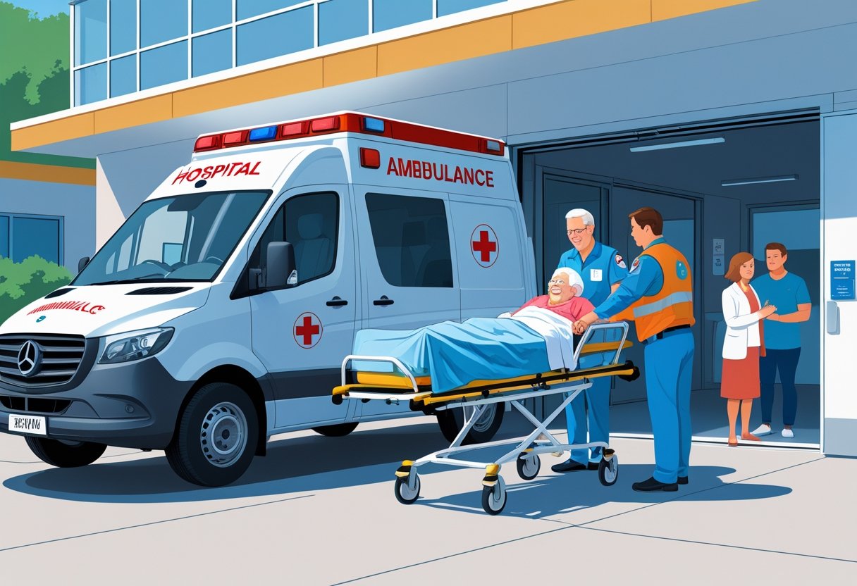 Uma ambulância particular estacionada na entrada de um hospital, com um paramédico ajudando um paciente idoso em uma maca, enquanto um familiar observa preocupado.