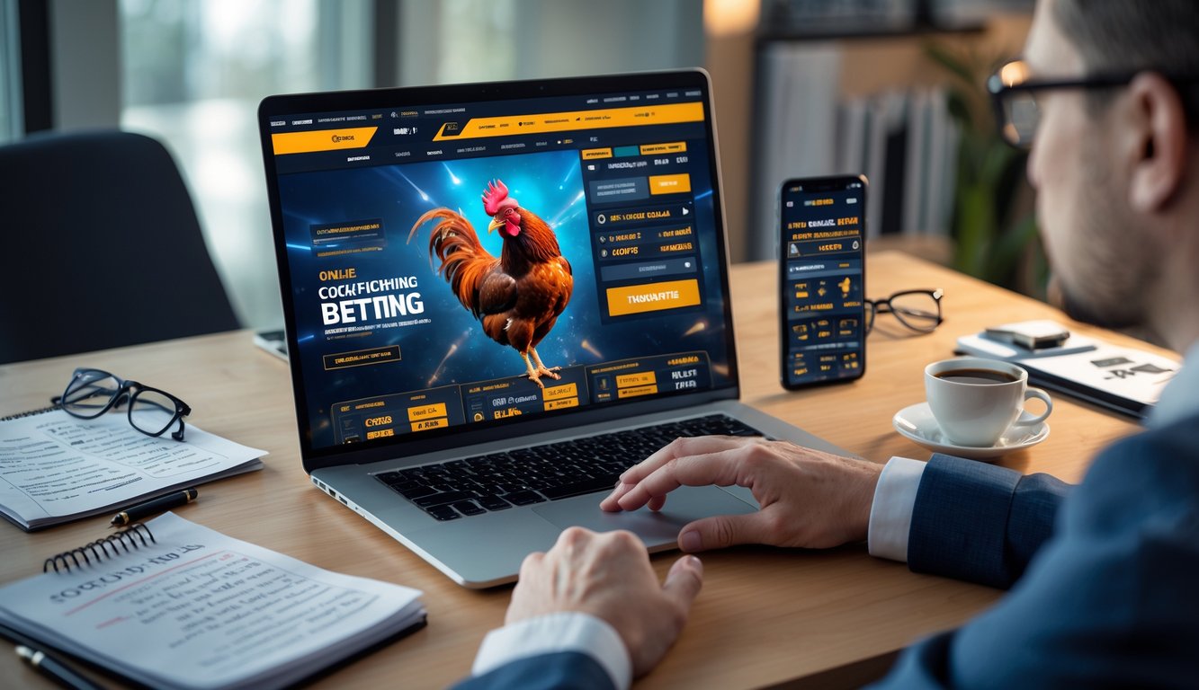 Seorang pria duduk di depan laptop dengan layar menampilkan situs judi sabung ayam online, di meja terdapat catatan, ponsel, dan secangkir kopi.