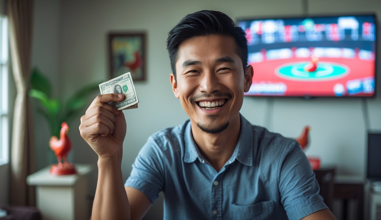 Seorang pria muda tersenyum sambil memegang uang dalam ruangan sederhana, menunjukkan kegembiraan setelah menang judi sabung ayam dengan modal kecil.