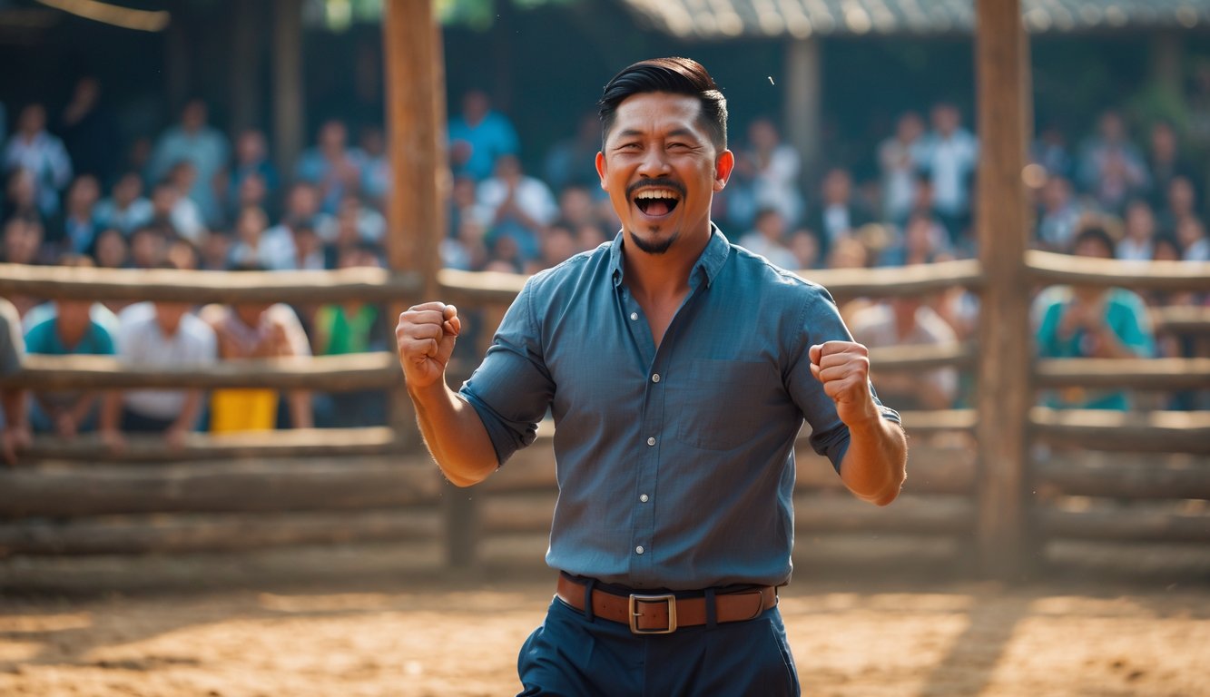 Seorang pria Asia Tenggara yang percaya diri merayakan kemenangan di arena sabung ayam tradisional dengan kerumunan di latar belakang.