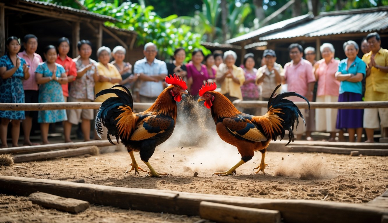 Dua ayam jago bertarung di arena kayu dengan penonton yang antusias di latar belakang di sebuah lingkungan pedesaan.
