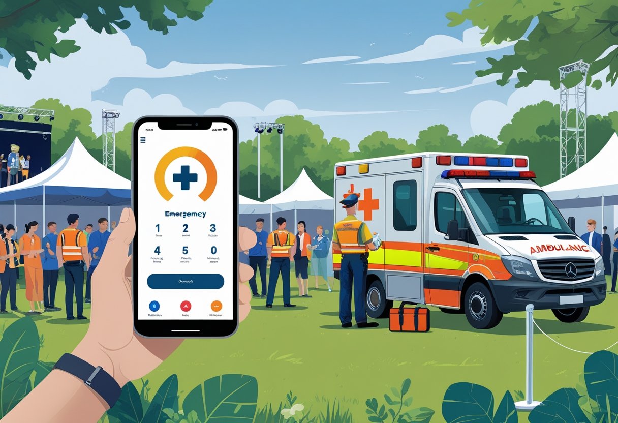 Pessoa solicitando ambulância para um evento ao ar livre, com equipe médica e ambulância próxima, em um ambiente organizado e seguro.
