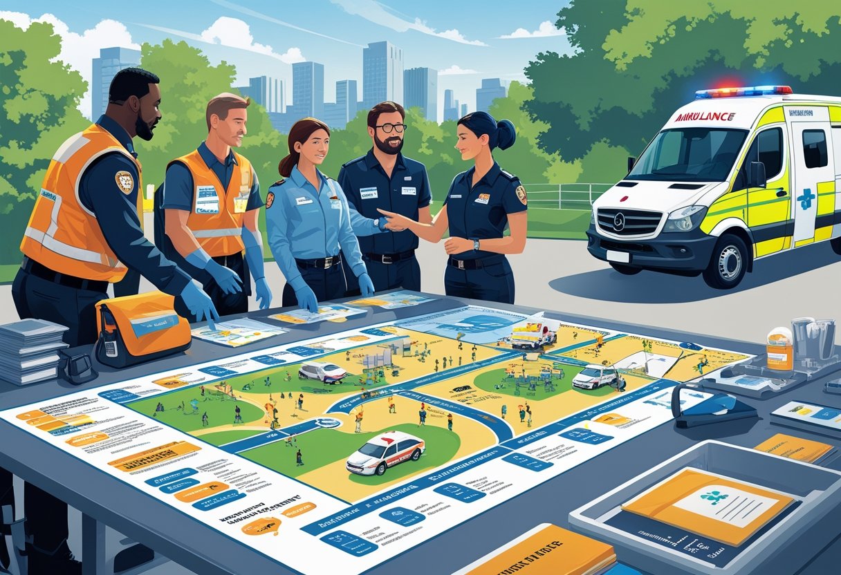 Profissionais de segurança reunidos ao redor de uma mesa com mapas e equipamentos, planejando o atendimento de ambulância para um evento.