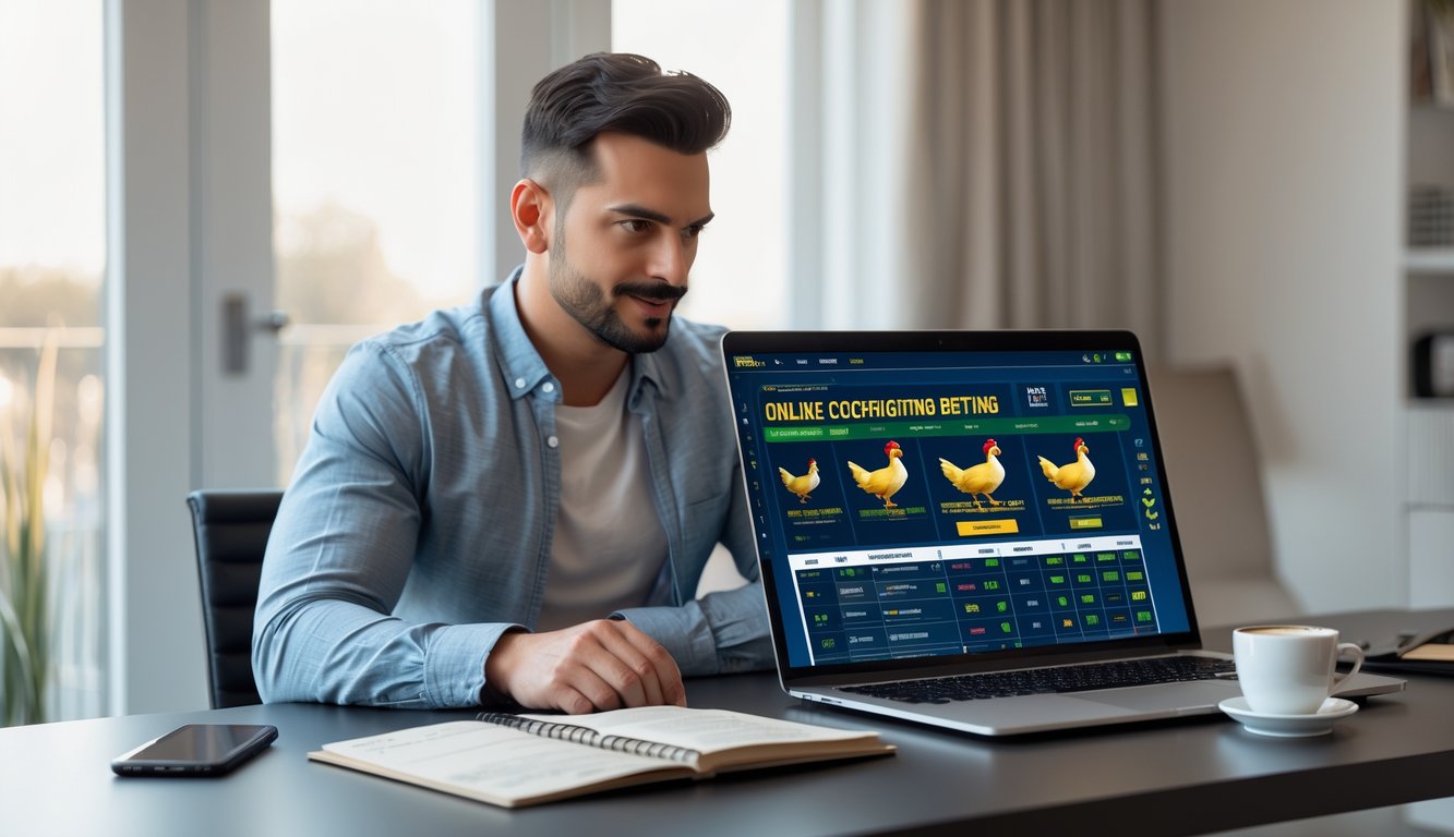 Seorang pria duduk di meja dengan laptop dan catatan, terlihat fokus dan serius dalam suasana ruangan yang terang dan rapi.