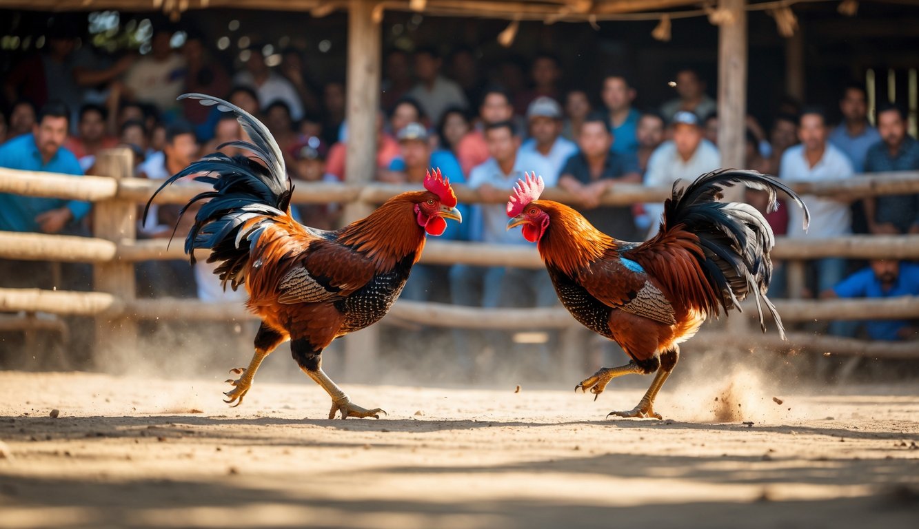 Dua ayam jago sedang bertarung di arena sabung ayam dengan penonton di latar belakang.
