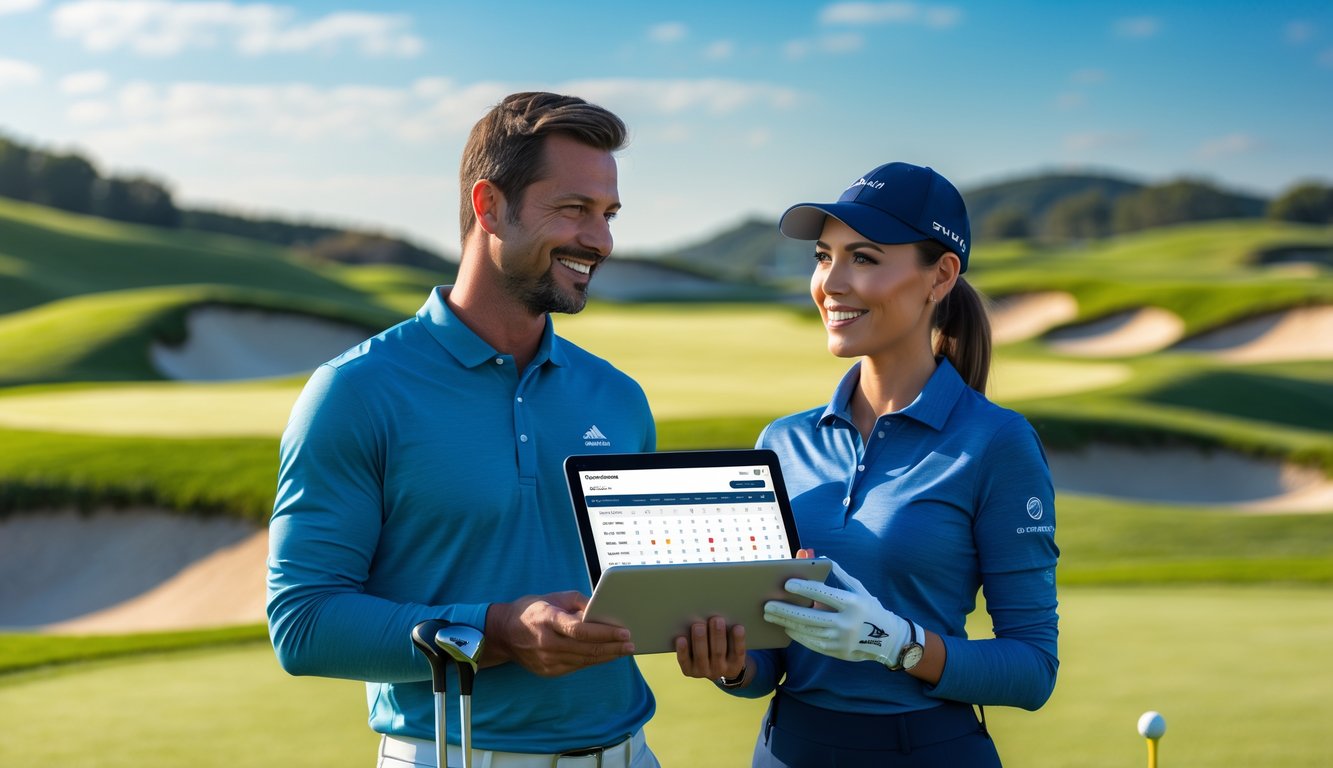 Seorang pria dan wanita berdiri di lapangan golf, berdiskusi sambil memegang tongkat golf dan tablet.