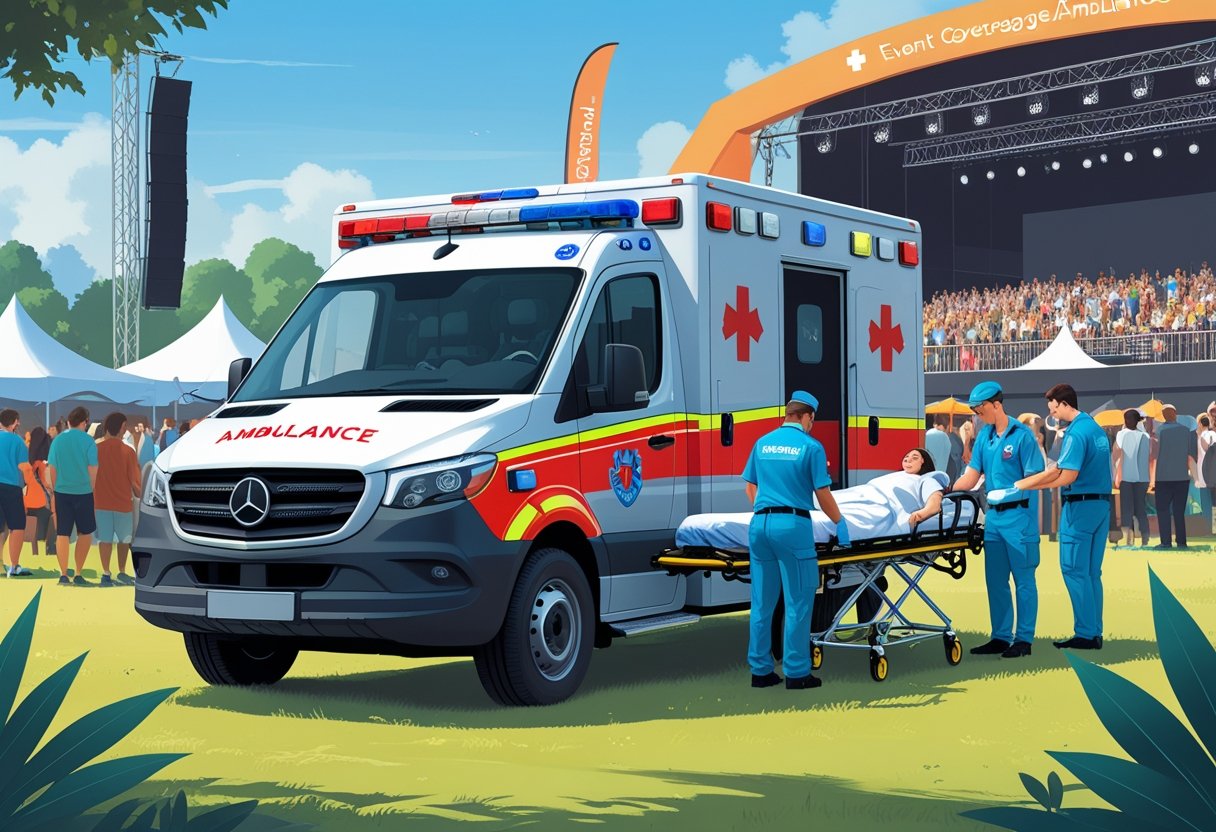 Uma ambulância estacionada próxima a um evento ao ar livre, com profissionais de saúde atendendo um paciente em uma maca, enquanto pessoas participam da festa ao fundo.
