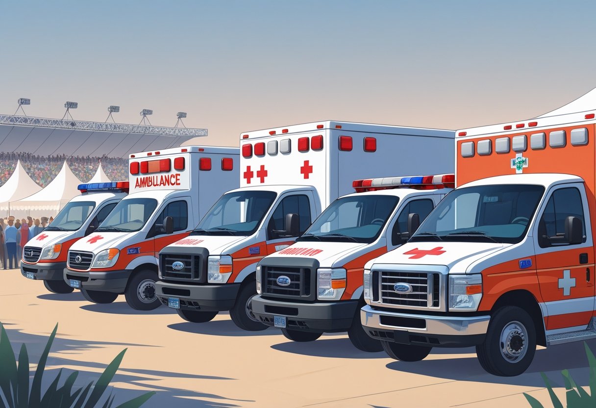 Vários tipos de ambulâncias alinhadas em um evento ao ar livre, mostrando diferentes veículos de emergência prontos para atendimento.