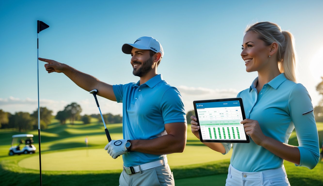Seorang pria dan wanita berdiri di lapangan golf hijau dengan perlengkapan golf, pria memegang stik golf dan wanita memegang tablet, latar belakang lapangan golf dan langit cerah.