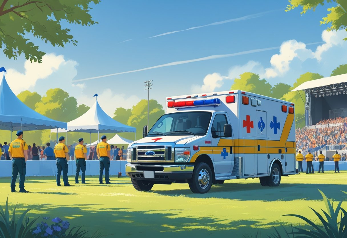 Ambulância estacionada em um evento ao ar livre com paramédicos próximos e pessoas ao fundo.