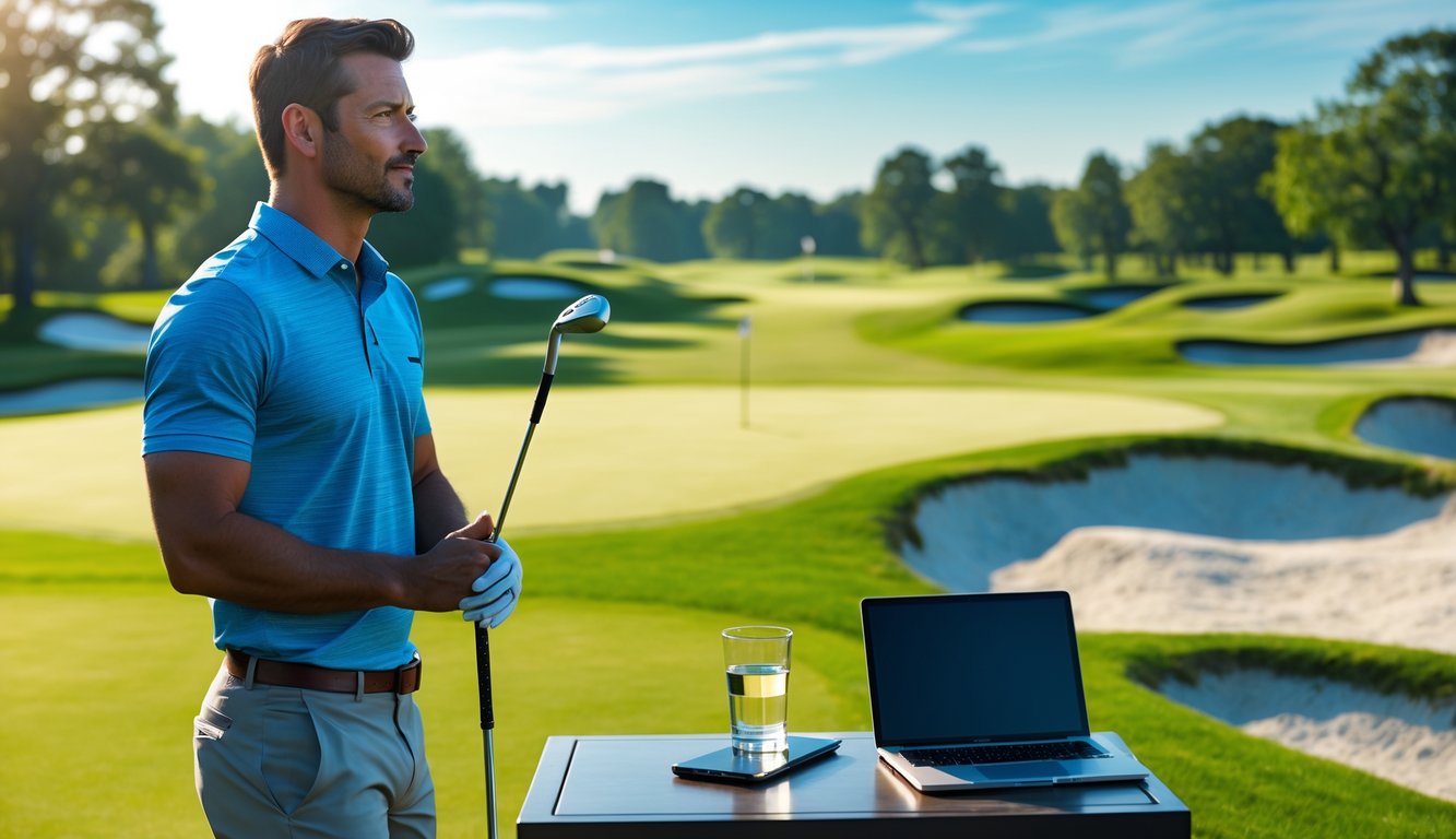 Seorang pria berdiri di lapangan golf yang hijau sambil memegang tongkat golf, dengan laptop dan ponsel di meja kecil di sampingnya.
