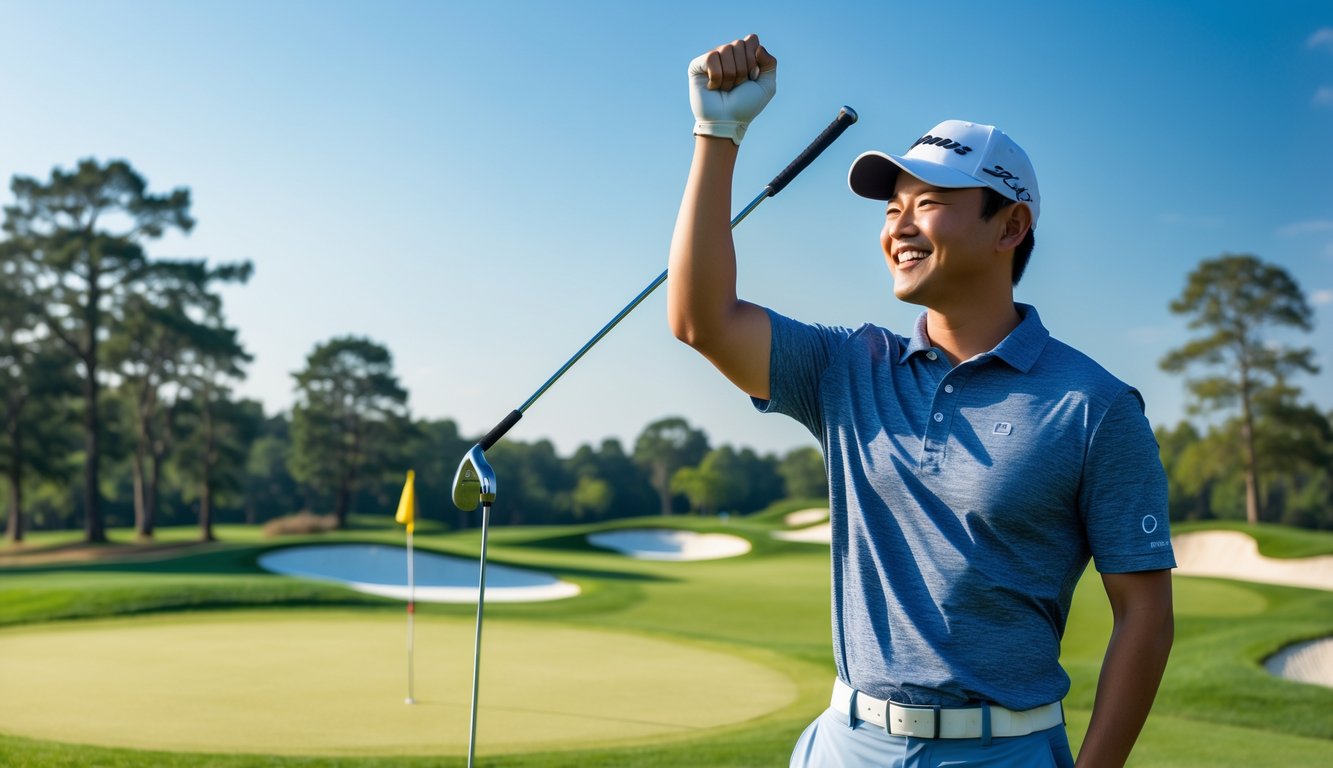 Seorang pria Asia berdiri di lapangan golf hijau dengan ekspresi kemenangan, memegang stik golf dan mengangkat tinju tangan.