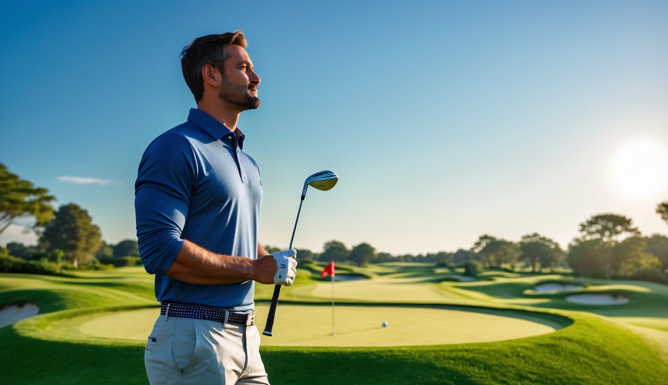 Seorang pria percaya diri berdiri di lapangan golf yang hijau dengan tongkat golf, menatap ke kejauhan pada hari cerah.