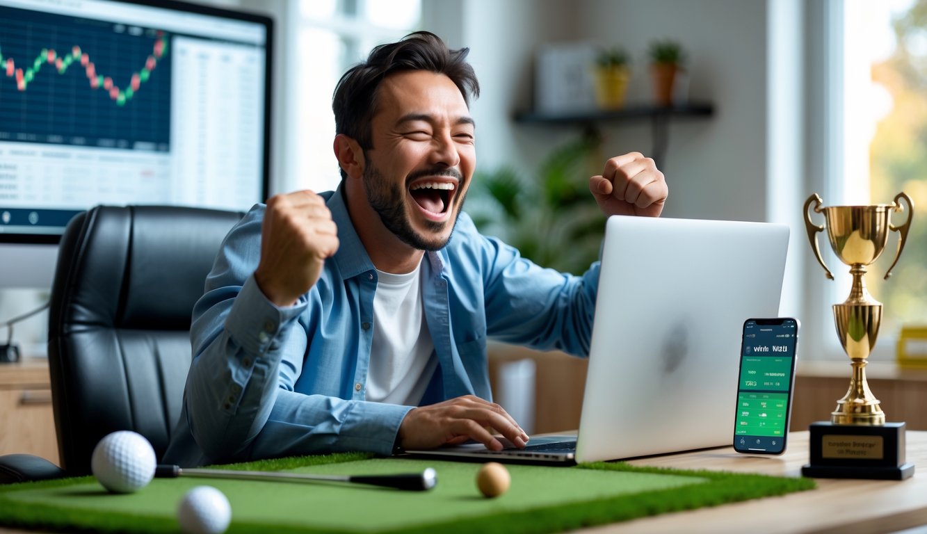 Seorang pria gembira merayakan kemenangan besar saat menggunakan laptop di ruang kerja rumah yang modern dengan perlengkapan golf di meja.