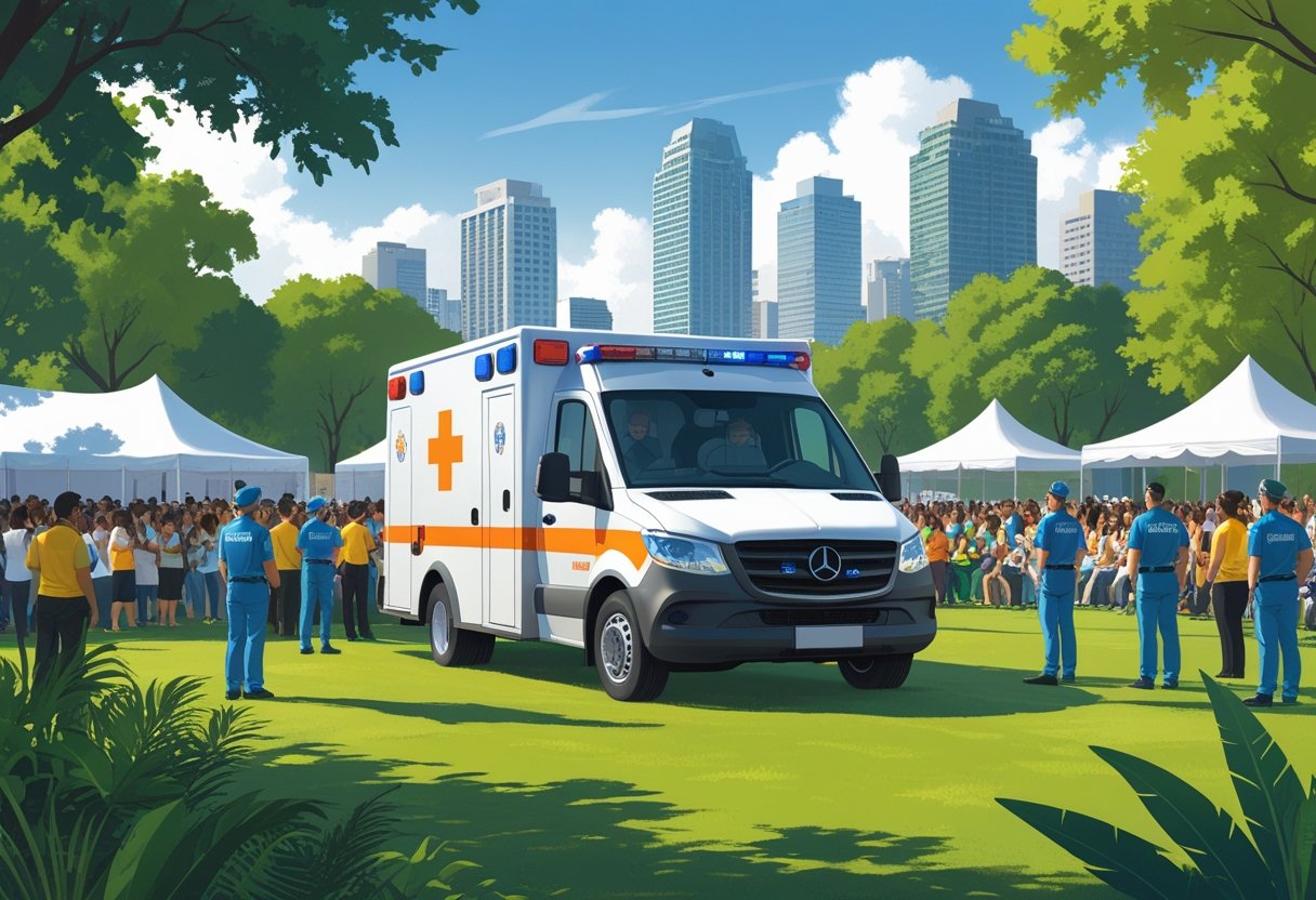 Ambulância posicionada próxima a um evento ao ar livre em São Paulo, com pessoas e equipe médica ao redor, e prédios da cidade ao fundo.