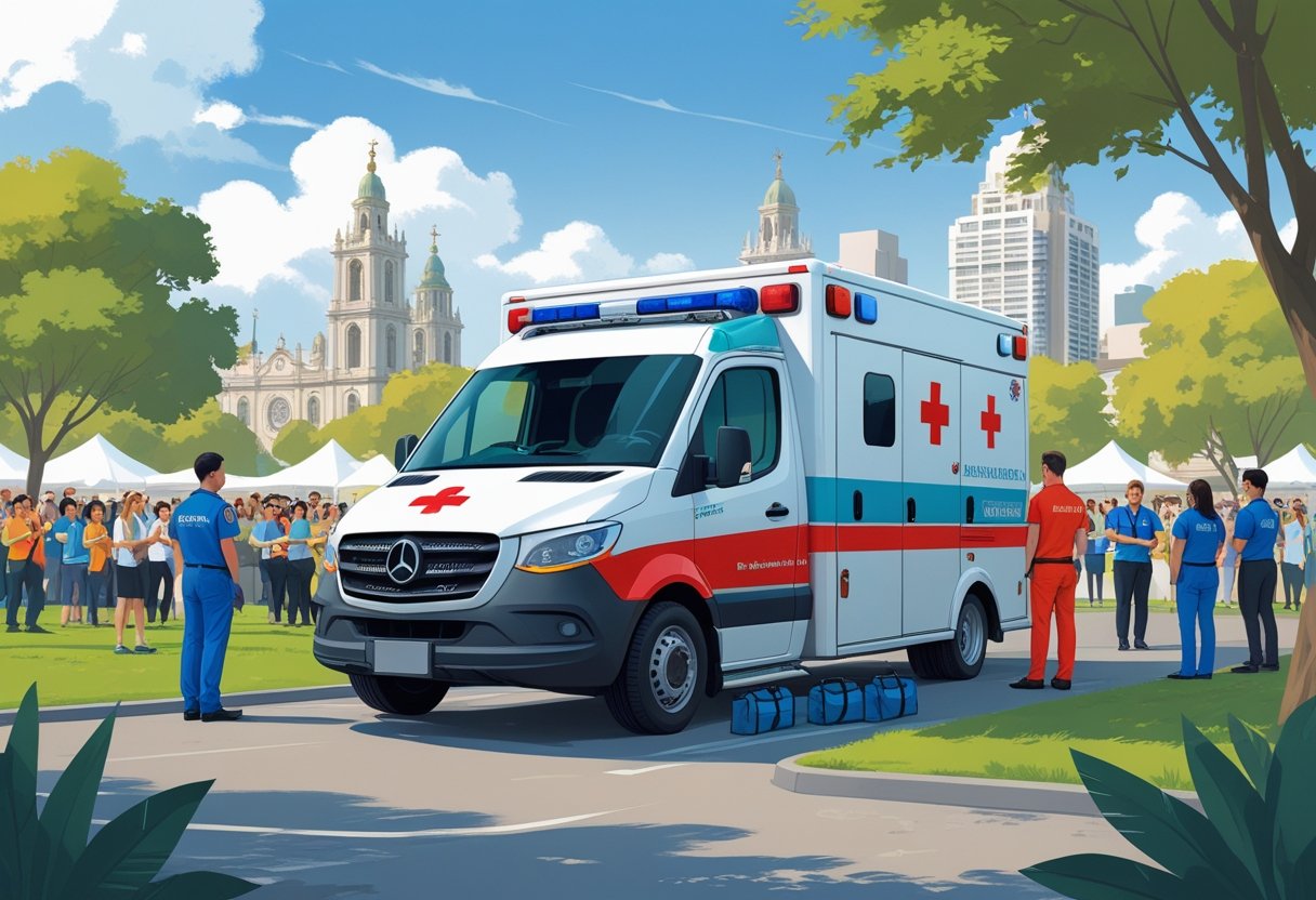 Uma ambulância oficial de São Paulo estacionada próxima a um evento ao ar livre com pessoas e profissionais de saúde ao redor, transmitindo segurança e prontidão para emergências médicas.