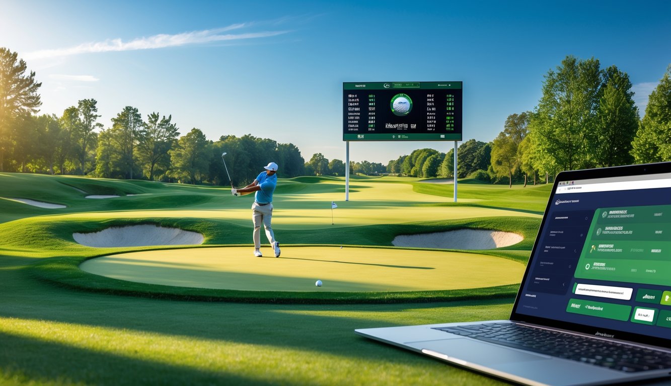 Seorang pemain golf sedang mengayunkan tongkat golf di lapangan hijau dengan layar digital dan perangkat elektronik di dekatnya.