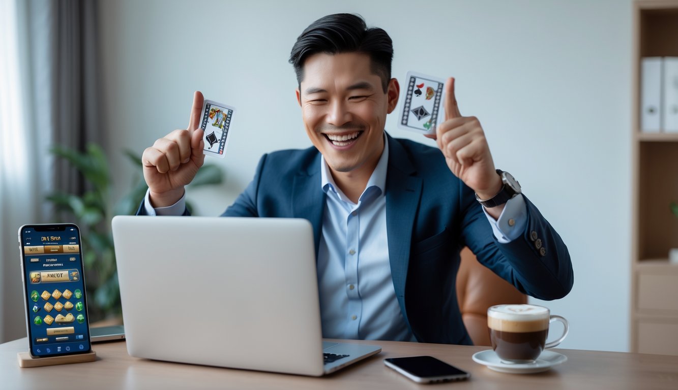 Seorang pria Asia Tenggara tersenyum gembira sambil bermain permainan slot online di laptop di ruang kerja rumah yang nyaman.