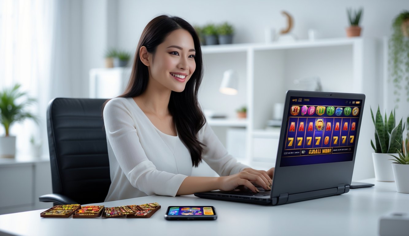 Seorang wanita muda duduk di meja dengan laptop, terlihat fokus dan tersenyum saat bermain permainan slot online di rumah.