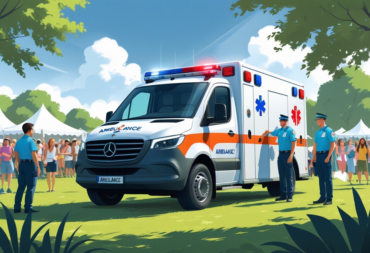 Uma ambulância estacionada em um evento ao ar livre com paramédicos prontos para ajudar e pessoas ao fundo aproveitando a festa.