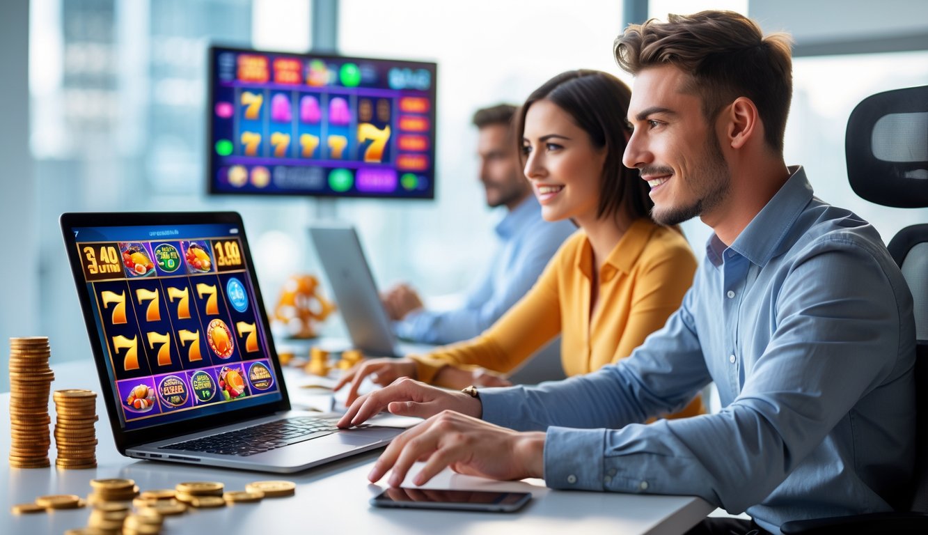 Dua orang muda duduk di meja dengan laptop yang menampilkan permainan slot online, terlihat fokus dan bersemangat dalam suasana kantor modern.