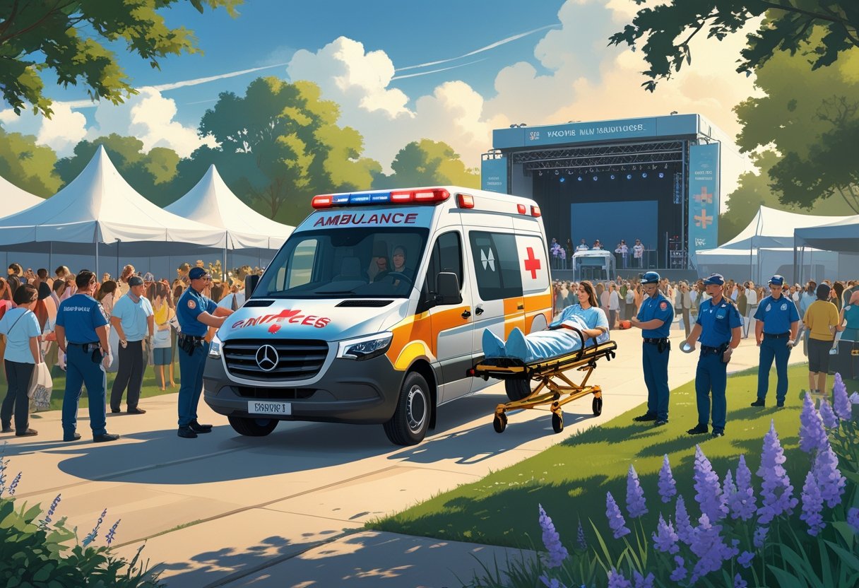 Ambulância estacionada em um evento ao ar livre com paramédicos atendendo uma pessoa em uma maca, enquanto pessoas e equipe do evento estão ao redor.