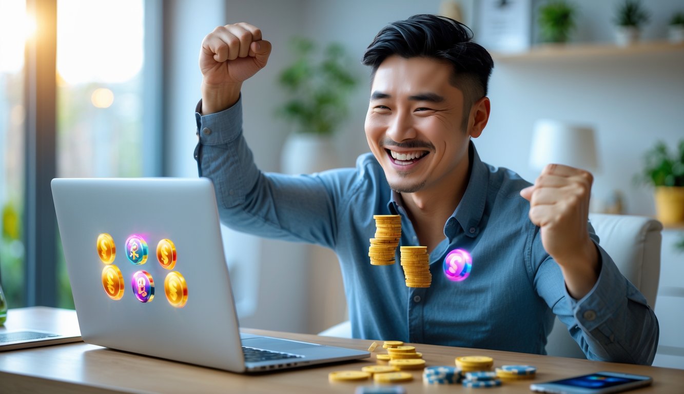 Seorang pria Asia tersenyum gembira sambil merayakan kemenangan saat bermain permainan slot online di laptop di ruang kerja modern.